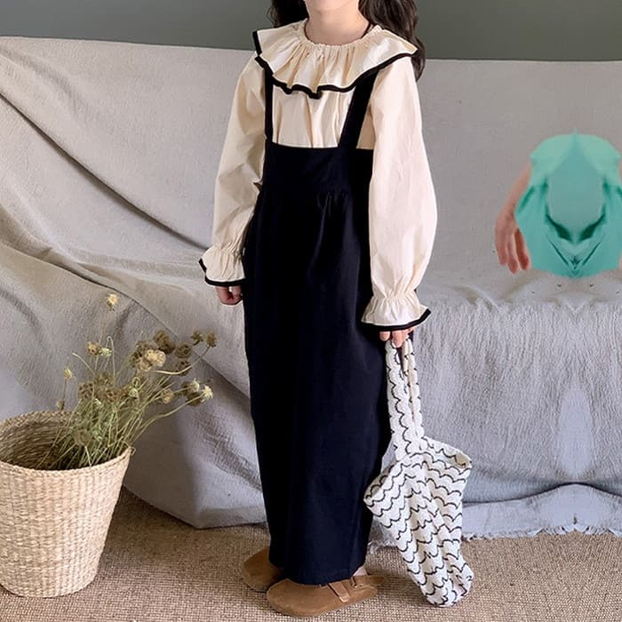 小学生 セットアップ 女の子 フリルブラウス サロペットパンツ 2点セット ガーダンス 可愛い カジュアル 通学 長袖 韓国 春秋 