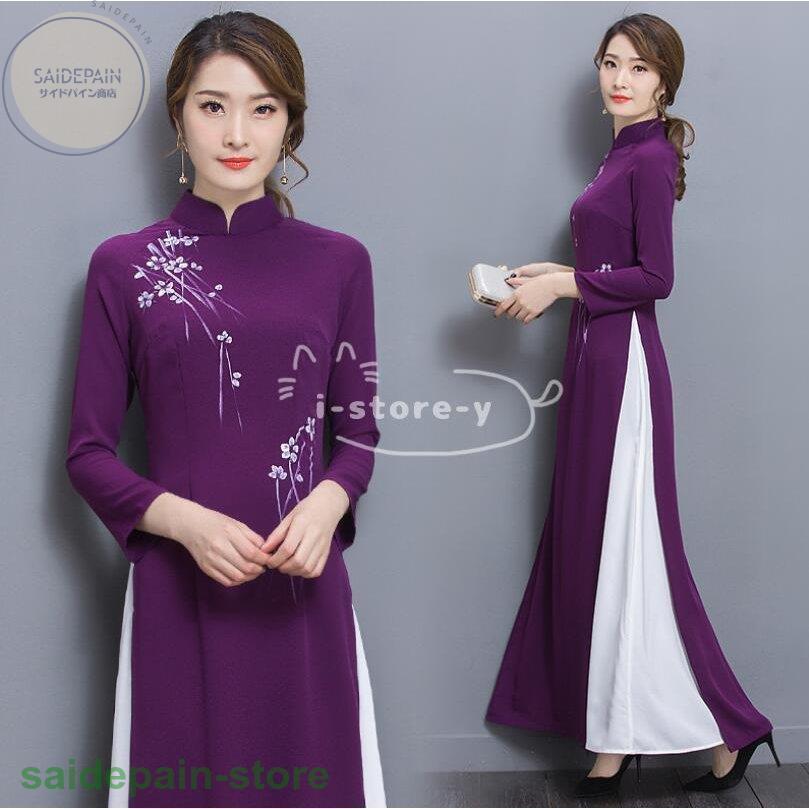チャイナドレス ロング丈 チャイナ風ワンピース 衣装 チャイナドレス ワンピース 花柄 チャイナ服 ハロウィン 7分袖 ドレスワンピース 2枚重ね アオザイ 
