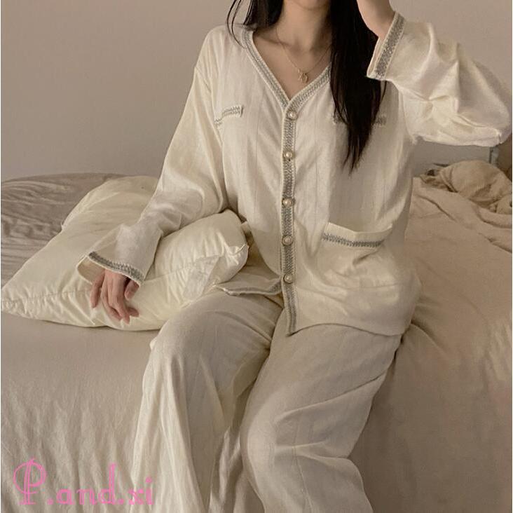 パジャマ レディース トップス パンツ 2点セット かわいい おしゃれ 春 薄手 秋 上下 セットアップ 長袖 ゆったり 部屋着 長袖 ルームウエア 前開き 