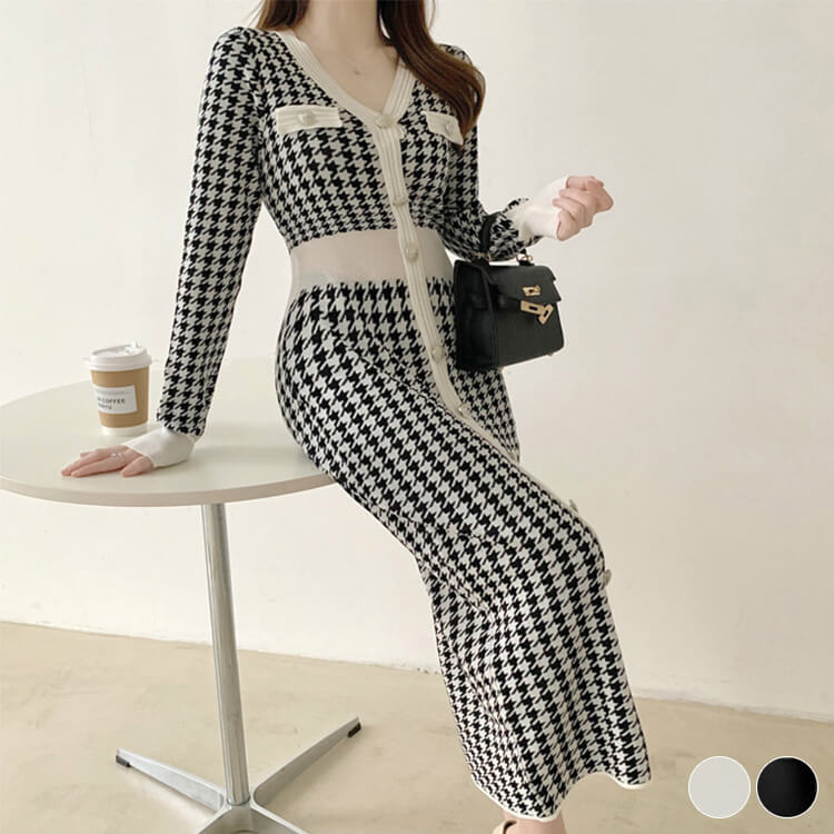 ワンピース レディース 韓国 ニットワンピース ニット 長袖 ミモレ丈 千鳥格子 フィット ストレッチ 着やせ 秋 Vネック 冬 秋冬 おしゃれ 