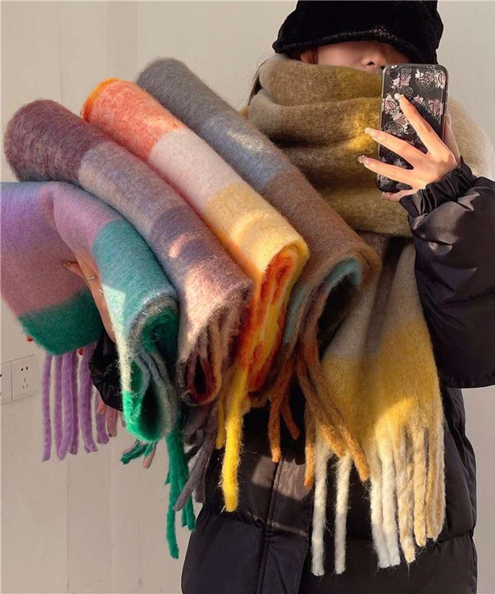 カシミヤ風 マフラーチェック柄 大判 厚手  