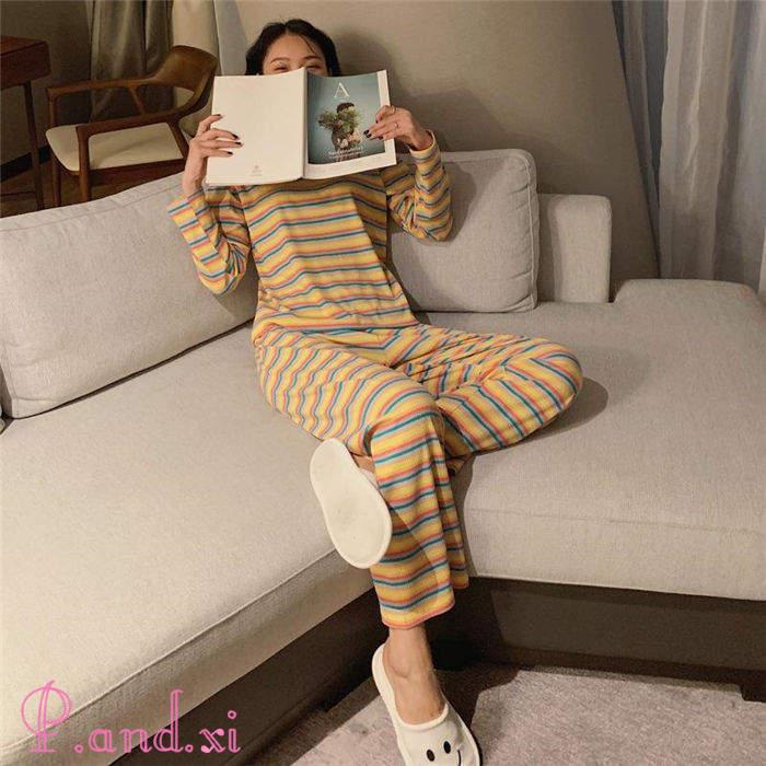 ルームウェア パジャマ レディース ボーダー リブニット バイセットアップ 上下セット ストレッチ 寝巻き リラックス 秋冬 部屋着 寝間着 かわいい 長袖 