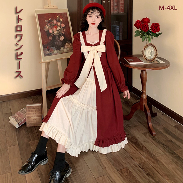 ワンピース ロタ 冬服 秋冬 長袖 フレンチ リボン かわいい エレ レトロ ファッション 大きいサイズ 上品 おしゃれ お出かけ レディース Aライン 