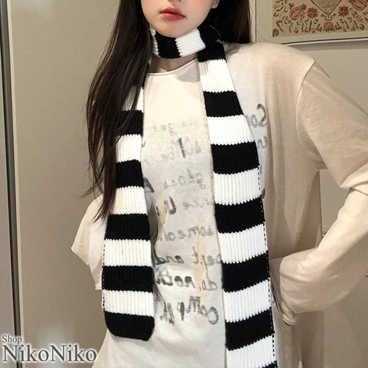 全品送料無料一部除く ボーダー柄 リブニット スリムマフラー トレンド レディース 韓国 おしゃれ プチプラ 