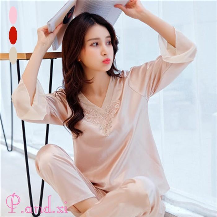パジャマ レディース ルームウェア 長袖 部屋着 セットアップ 大人 レース パジャマ サテン風 夏 2点セット ルームウェア ゆったり 長袖 春 上下セット 寝巻き 