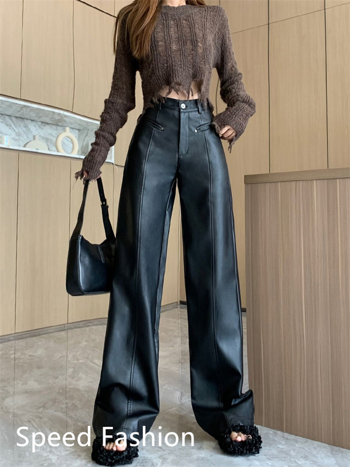 PU レザーワイドレッグパンツ レディース バギーパンツ ロング丈 ハイウエスト 大人 カジュアル ボ体型カバー ワイドレッグパンツ ズボン 