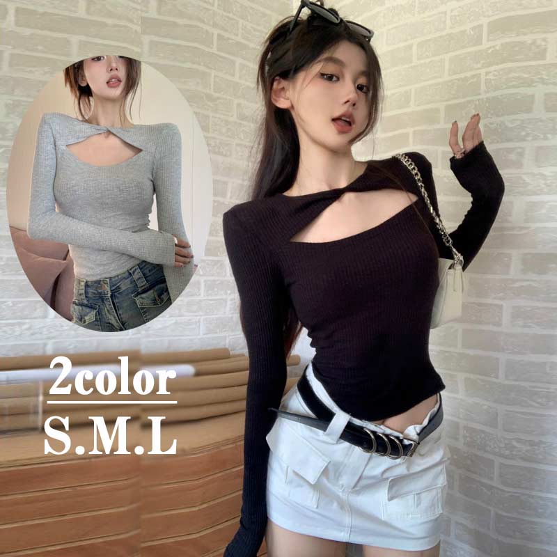 胸元セクシートップス レディース長袖Tシャツ シンプル セクシートップス ブラック レディースファッション  