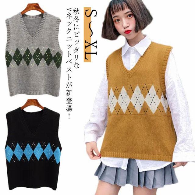 ニットベスト レディース ベスト 秋冬 ニット 重ね着 袖なし アーガイル柄 チェック おしゃれ 切り替え カジュアル プルオーバー ゆった Vネック 